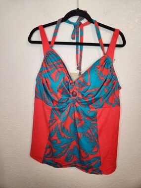 Sophie theallet cacique size 44DDD Turquoise & Coral Floral Halter Tankini Top